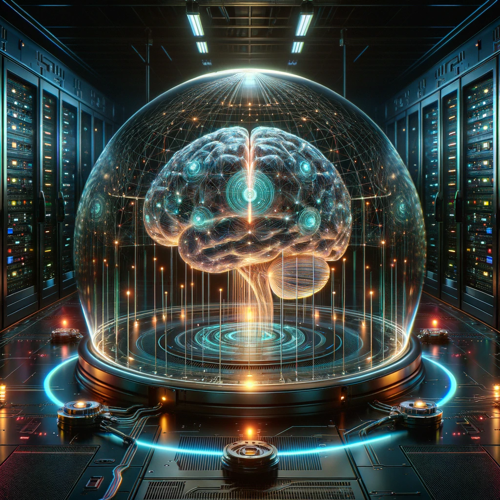 The image depicts a digital brain glowing within a transparent, unbreakable dome, surrounded by advanced security mechanisms like laser grids and encrypted digital locks, all set in a high-security data center illuminated by neon lights. This setting emphasizes the critical importance and sophistication of securing AI technologies in a futuristic environment, blending mystery with cutting-edge technology to highlight the role of security in the realm of AI.
