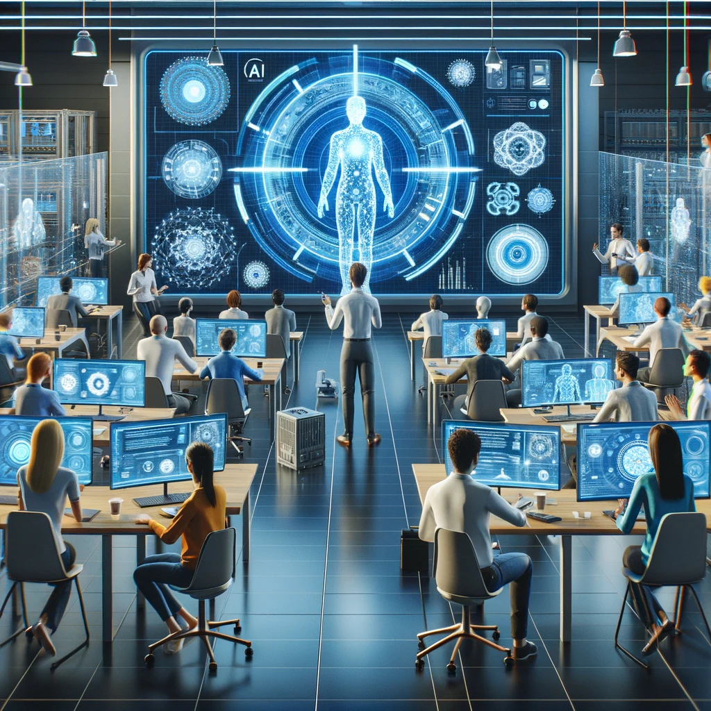 The image shows a futuristic training session where staff members, coming from various backgrounds, are gathered around a large, holographic display that illustrates a complex AI network. They are engaging in hands-on activities, guided by an AI instructor represented as a friendly hologram, who presents and interacts with the attendees. The room is equipped with advanced tools like virtual reality headsets, interactive touchscreens, and digital tablets, facilitating an immersive learning experience. This environment emphasizes collaboration and innovation, highlighting the critical role of human-AI collaboration in effectively understanding and deploying AI solutions.