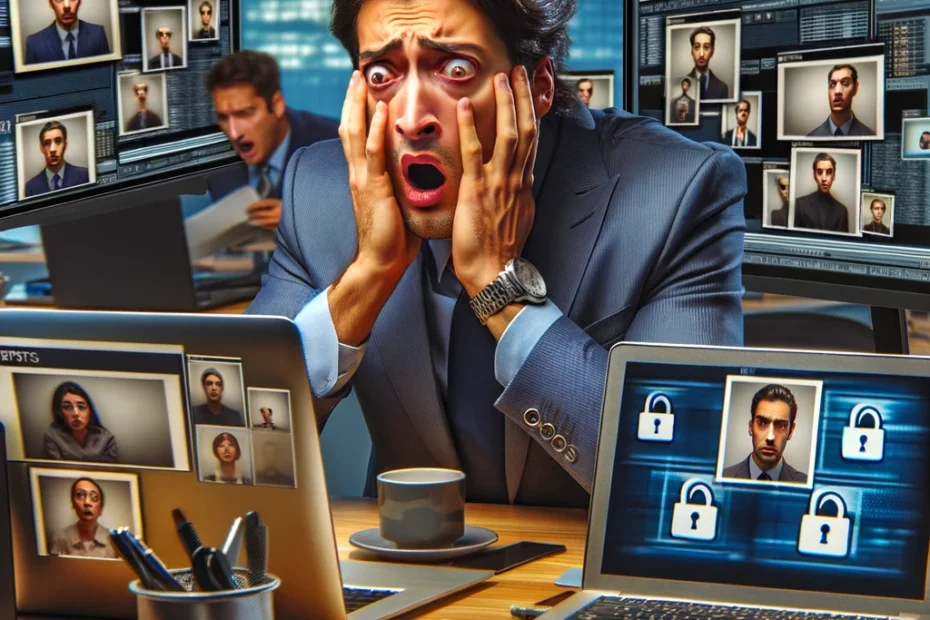 CEO eines Unternehmens der verzweifelt reagiert, als er erfährt, dass die Fotos der Mitarbeiter durch einen Datenmissbrauch gestohlen wurden